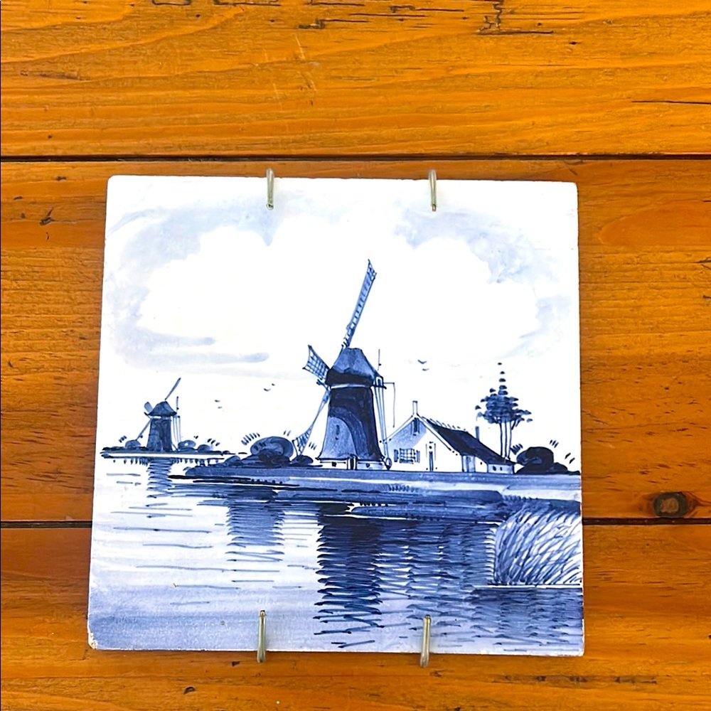 Delft Blauw Blue and White Dutch Windmill Tile Art with Wire Hanger